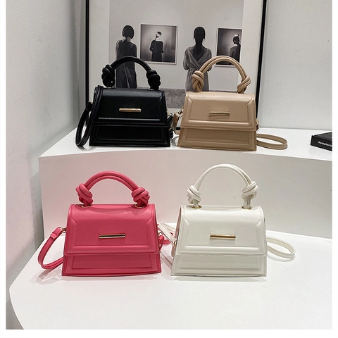 Women PU Leather Small Square Handbag With Knotted Handle Gold Metal Bar Flap Crossbody Shoulder Bag Trendy Versatile