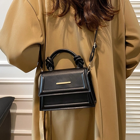 Dames Knoop Handvat Schoudertas PU Leer Gouden Bar Flap Vierkante Crossbody Handtas Minimalistisch Trendy Veelzijdige Dagelijkse Tas