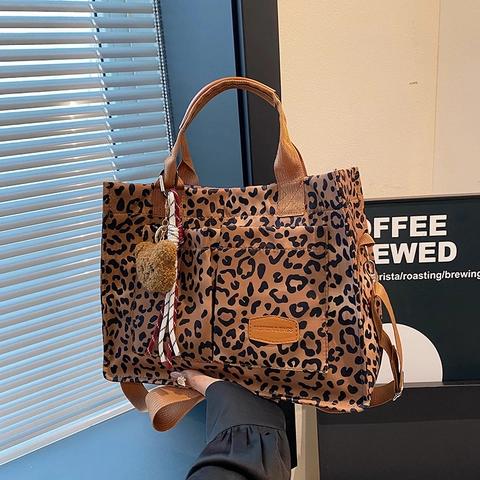 Vintage Luipaardprint Tote Bag Dames Samengestelde Stof Schoudertas Grote Capaciteit Crossbody Tas Met Pluche Beer Hanger