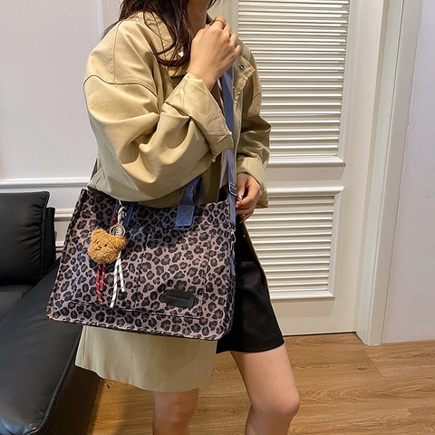 Vintage Luipaardprint Tote Bag Dames Samengestelde Stof Schoudertas Grote Capaciteit Crossbody Tas Met Pluche Beer Hanger