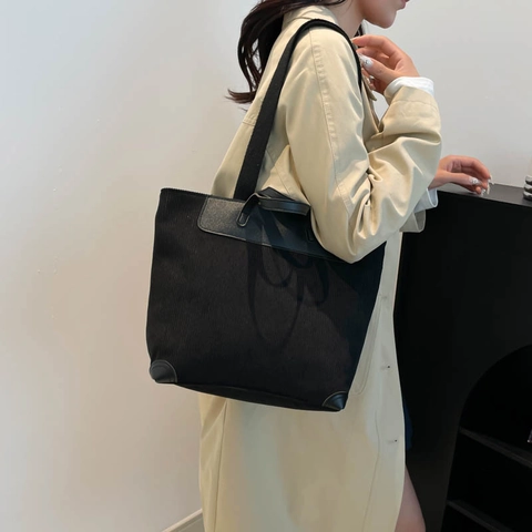 Women Retro Corduroy Tote Bag Large Capacity Commuting Shoulder Bag With PU Leather Patchwork Top Handle Bag For Daily Office