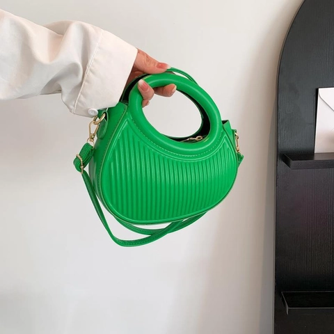 Women Shoulder Handbag PU Leather Vertical Ribbed Pleated Texture Round Hollow Handle Minimalist Chic Casual Niche Design