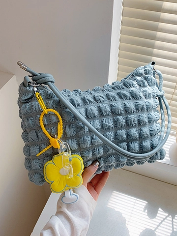 Women Popcorn Texture Tote Bag Soft Bubble Fabric Shoulder Bag With Knot Strap Macaron Color Minimalist Casual Handbag