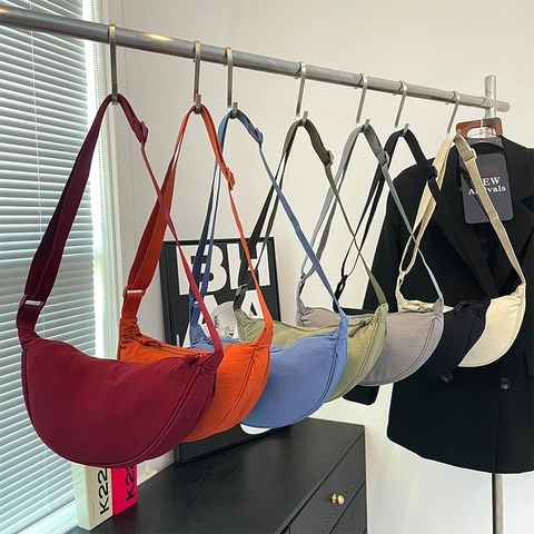Women Nylon Half Moon Crossbody Bag Casual Minimalist Solid Color Adjustable Strap Shoulder Dumpling Bag