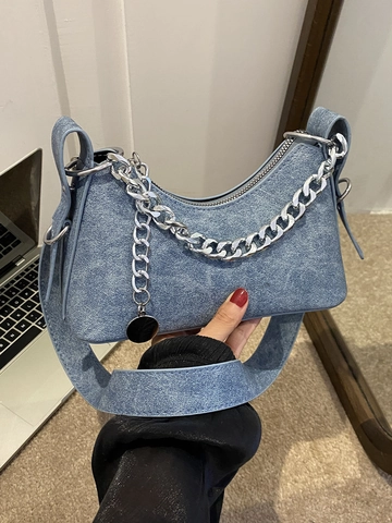 Damen Crossbody Tasche Aus PU Mit Denim Textur Crescent Form Silberne Kette Retro Y2K Style Reißverschluss