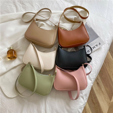 Women Fashion Half Moon Shoulder Bag Solid Color PU Leather Underarm Bag Casual Crossbody Hobo Bag Travel Handbag