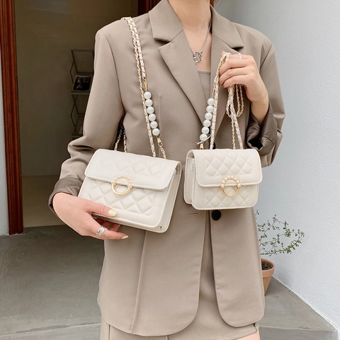 Women Quilted Rhombus Square Bag Elegant Artificial Pearl Chain Strap Shoulder Crossbody Bag PU Leather Luxury Style Banquet Bag