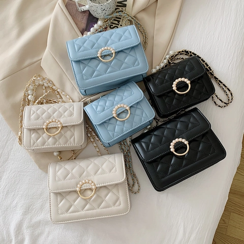 Women Quilted Rhombus Square Bag Elegant Artificial Pearl Chain Strap Shoulder Crossbody Bag PU Leather Luxury Style Banquet Bag