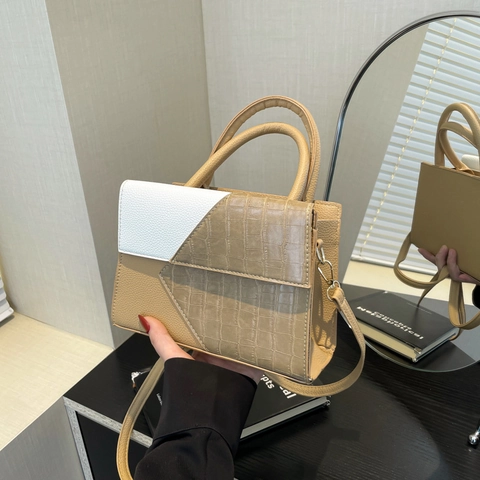 Borsa A Mano Patchwork Donna Pelle PU Motivo Coccodrilo Patta Manico Superiore Borsa A Tracolla Chic Moderno Quotidiano