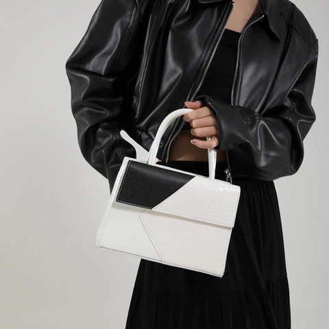 Borsa a Spalla da Donna in Pelle PU di Moda Retrò Motivo Coccodrillo Splicing a Contrasto Borsa a Tracolla Con Fibbia Magnetica