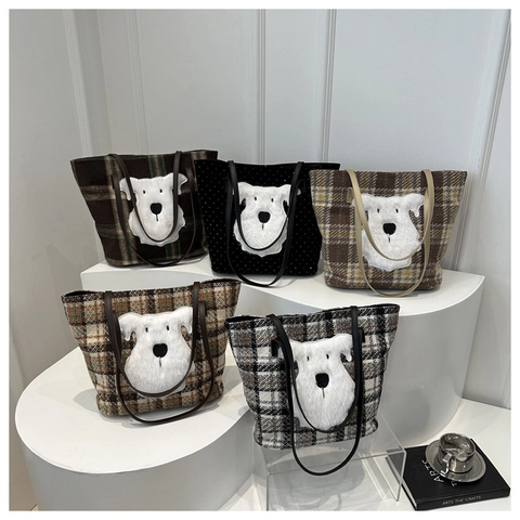 Women Vintage Plaid Woolen Tote Bag With Plush Dog Patch Schnauzer Embroidery Large Capacity Shoulder Bag Everyday Casual Purse