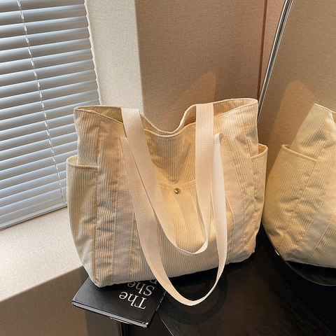 Bolso Tote de Pana para Mujer Gran Capacidad Vintage Simple Bolso de Hombro Con Bolsillos Laterales Casual Shopping Regalo