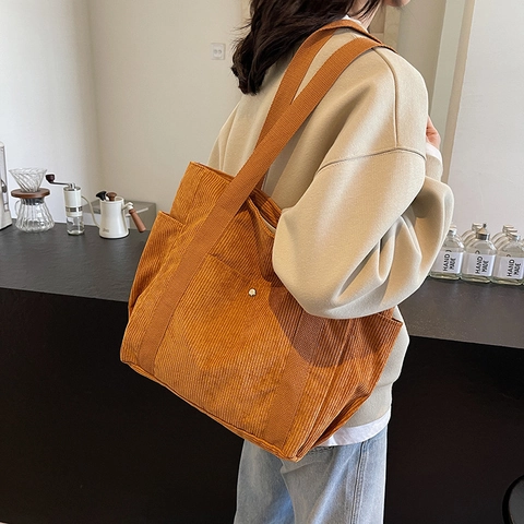 Bolso Tote de Pana para Mujer Gran Capacidad Vintage Simple Bolso de Hombro Con Bolsillos Laterales Casual Shopping Regalo