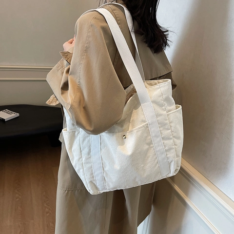 Bolso Tote de Pana Casual para Mujer Gran Capacidad Bolso de Hombro Color Sólido Costuras Bolso de Mano Para Viaje Diario Escuela Uso Diario