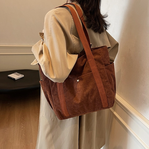 Bolso Tote de Pana de Gran Capacidad para Mujer Bolso de Hombro Retro Casual Con Múltiples Bolsillos para Conmutar Escuela