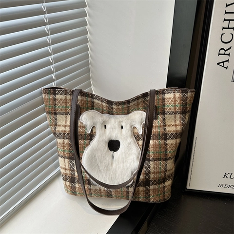 Damen Vintage Karierte Tote Bag Süße Plüsch Hund Aufnäher Große Kapazität Segeltuch Umhängetasche Lässige Pendler Handtasche