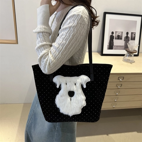 Damen Vintage Karierte Tote Bag Süße Plüsch Hund Aufnäher Große Kapazität Segeltuch Umhängetasche Lässige Pendler Handtasche