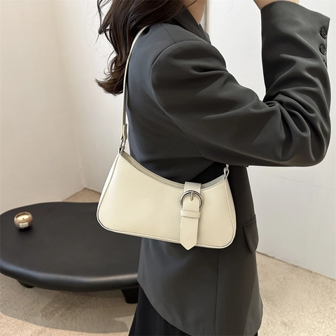 Women PU Leather Baguette Bag Retro Minimalist Underarm Shoulder Handbag With Large Silver Round Buckle Fashion Casual