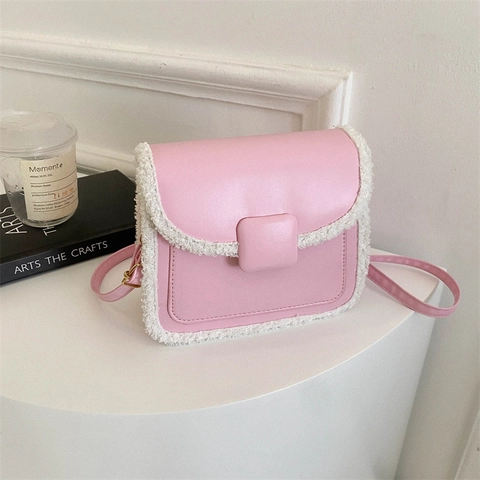 Bolso de Hombro Pequeño Cuadrado para Mujer de Cuero PU con Patchwork de Lana de Cordero Bolso de Mensajero de Color Sólido