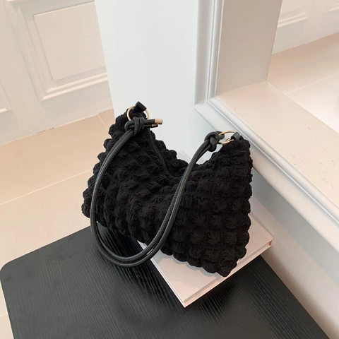 Women Fashion Casual Pleated Cloud Shoulder Bag PU Fabric Solid Color Zipper Underarm Handbag Versatile Daily Bag
