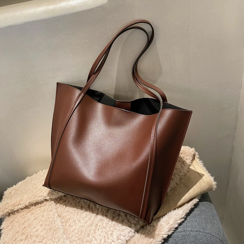 Women Minimalist PU Leather Tote Bag Large Capacity Commuter Shoulder Bag And Small Pouch Solid Color Casual Handbag