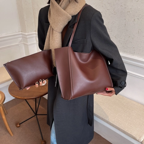 Minimalist Large Capacity Tote Bag For Women PU Leather Solid Color Commuter Shoulder Handbag With Matching Pouch