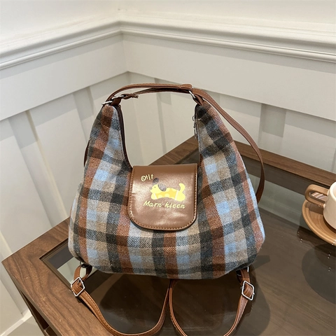 Borsa Hobo Vintage a Quadri di Grande Capacità per Donna Borsa a Spalla da Sottobraccio a Quadri Retro Con Motivo a Cane Cartone