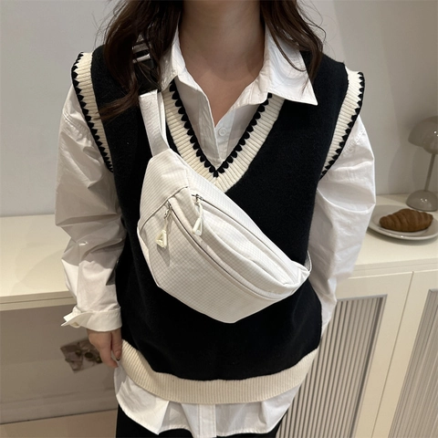 Nylon Grid Waist Bag Crossbody Chest Pack Lightweight Casual Versatile Dumpling Shape Handbag For Women