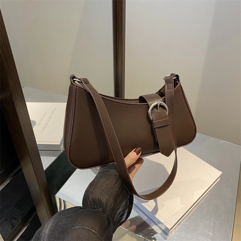 Bolso de Axila de Cuero PU Vintage Para Mujer Color Sólido Bolso Hobo de Media Luna Con Hebilla de Metal Bolso de Hombro Diario Minimalista