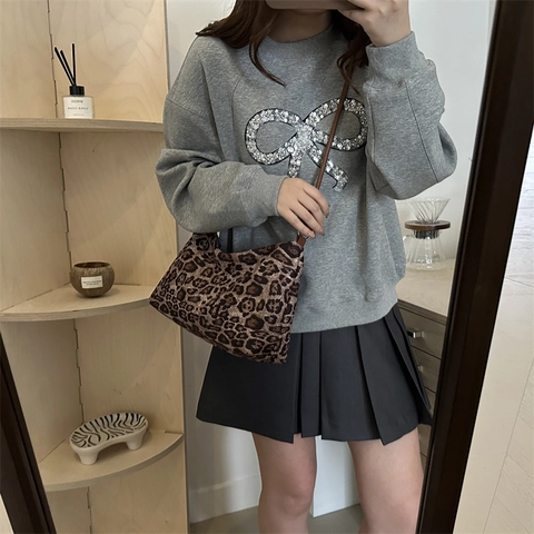 Vintage Leopard Print Shoulder Bag For Women Canvas Pillow Hobo Underarm Bag With Knot Strap Casual Large Capacity Handbag