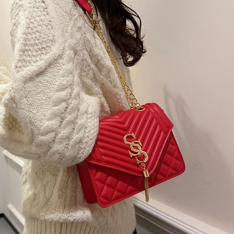 Bolso de Hombro Acolchado de Cuero PU para Mujer Tendencia en V Rombos Cadena Correa Borla Tapa Bolso Cuadrado Pequeño Bolso de Mano Casual Messenger Bag