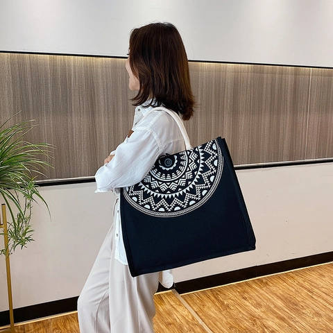 Bohemian Mandala Print Canvas Jute Tote Bag For Women Large Capacity Casual Shoulder Bag Handbag With Braided Rope Handle
