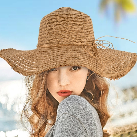 Women Straw Beach Hat Wide Brim Sun Protection Summer Vacation Raw Edge Bow Decor PP Braid Breathable
