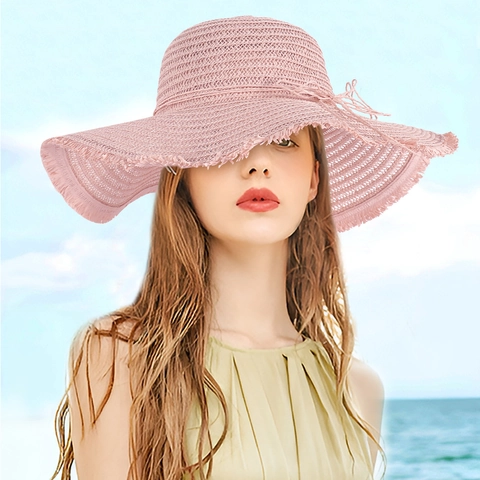 Women Straw Beach Hat Wide Brim Sun Protection Summer Vacation Raw Edge Bow Decor PP Braid Breathable