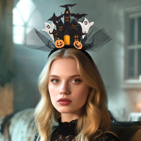 Cerchietto Halloween LED Luminoso Con Glitter Fantasma Castello Pipistrello Zucca Motivo a Rete Accessori Per Feste In Costume