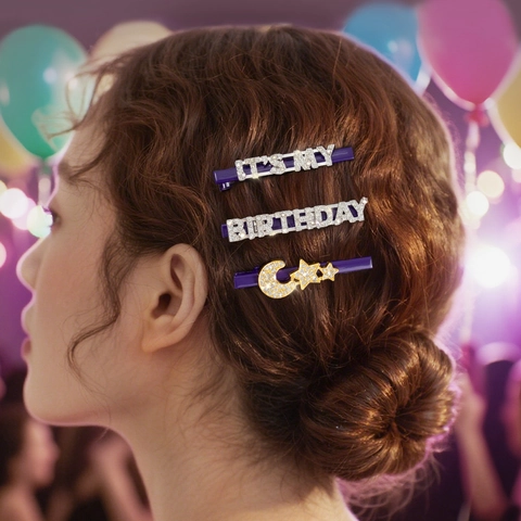 Luxus Strass Geburtstag Haarklammern Set Lila Metall Stern Mond Schriftzug Haarnadeln Festliche Party Verkleidung Zubehör