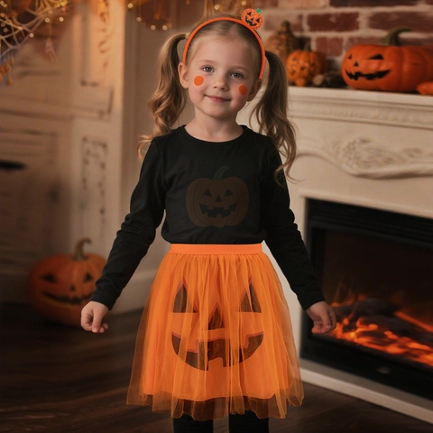 Set Costume di Halloween per Bambini Zucca Fantasma Gonna Tutu in Rete Arancione Bianco Con Fascia Coordinata Per Festa