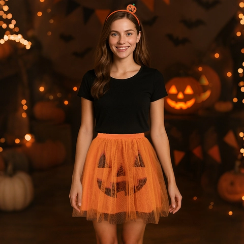 Set Costume di Halloween per Bambini Zucca Fantasma Gonna Tutu in Rete Arancione Bianco Con Fascia Coordinata Per Festa