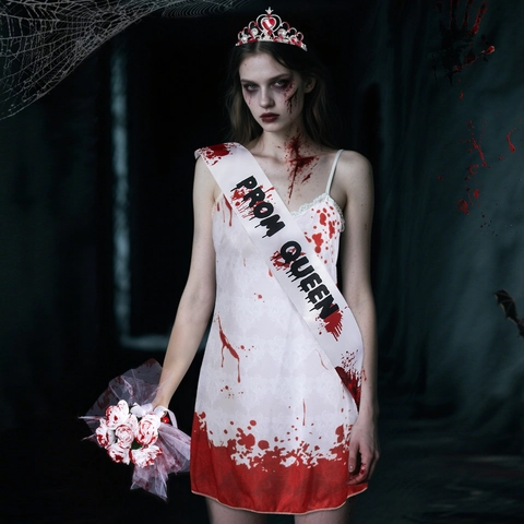 Στολή Ζόμπι Βασίλισσα Χορού Halloween Νύφη Φάντασμα Ματωμένο Λευκό Φόρεμα Κορδέλα Στέμμα Μπουκέτο Λουλουδιών Cosplay