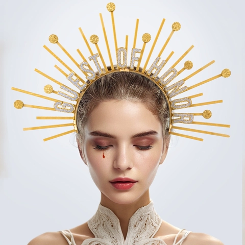 Golden Sunburst Halo Headband With Silver Glitter Guest Of Honor Lettering For Women Party Birthday Celebration Goddess Cosplay Headpiece