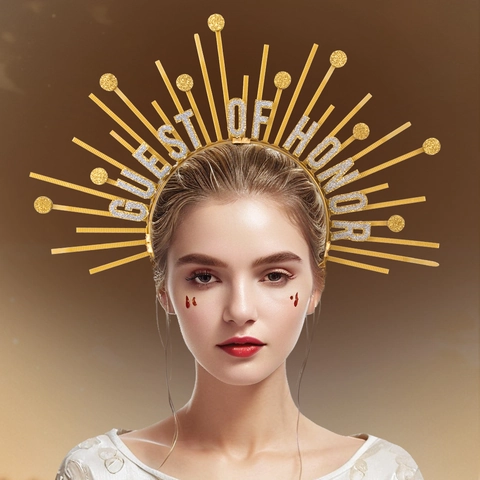 Golden Sunburst Halo Headband With Silver Glitter Guest Of Honor Lettering For Women Party Birthday Celebration Goddess Cosplay Headpiece
