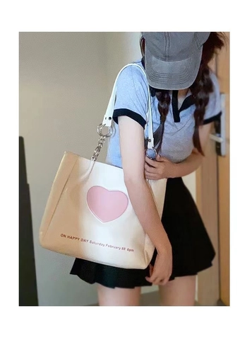 Borsa Tote Grande Capacità Pelle PU Toppa Cuore Rosa Stile Retrò Borsa A Tracolla Casual