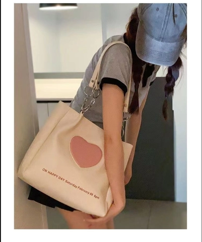 Borsa Tote Grande Capacità Pelle PU Toppa Cuore Rosa Stile Retrò Borsa A Tracolla Casual