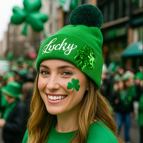 St. Patrick's Day Green Knit Beanie Hat With Lucky Embroidery Sparkling Sequin Shamrock Pom-Pom For Irish Theme Party Accessories Women