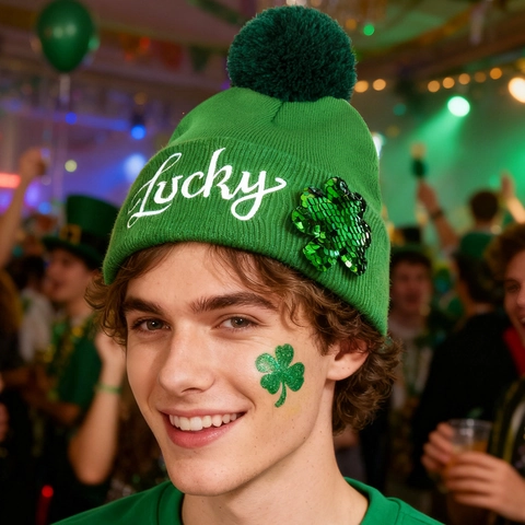 St. Patrick's Day Green Knit Beanie Hat With Lucky Embroidery Sparkling Sequin Shamrock Pom-Pom For Irish Theme Party Accessories Women