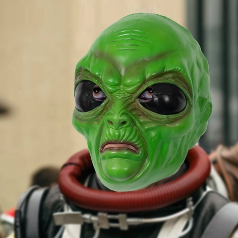 Maschera da Alieno Verde Cosplay Festa di Halloween Horror Copricapo Divertente Realistico Extraterrestre Maschera in Schiuma Oggetti di Scena in Costume per Adulti
