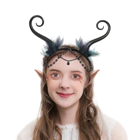 Gothic Black Horns Headband With Purple Mesh Decor And Beaded Chain Water Drop Pendant For Halloween Cosplay Party Women