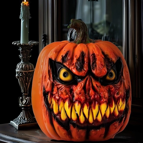 Halloween Pumpkin Head Ornaments Scary Evil Fangs Resin Decorative Props Party Cosplay Home Decor
