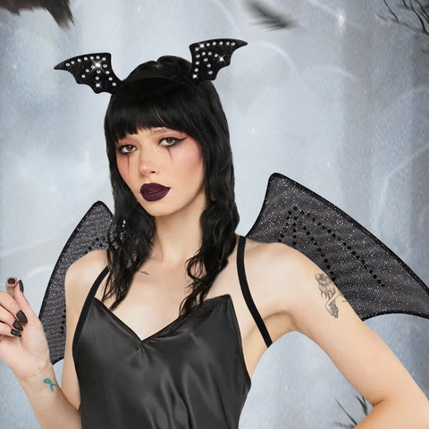 Cerchietto E Ali Di Pipistrello Nero Per Halloween Con Strass Glitter Garza Gothic Cosplay Party Accessori Per Costumi Da Donna