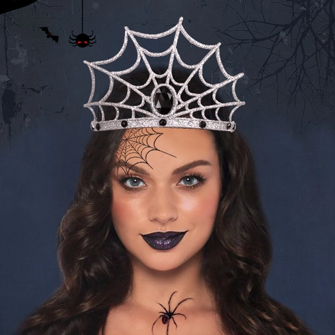 Corona de Telaraña de Halloween Tiara de Reina Araña Plateada Con Purpurina Tocado Gótico Con Diamantes Negros Fiesta